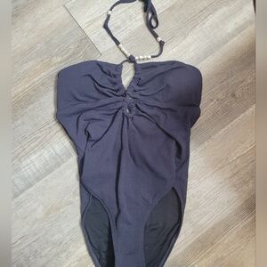 CUPSHE Navy Blue Pearl Beaded Halter Ruched One Piece Swimsuit Size XL NWT